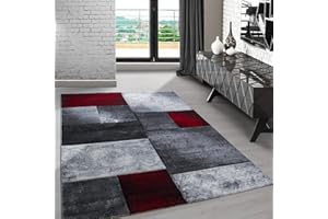 ‎CARPETSALE24 Carpetsale24 Konturenschnitt Teppich Wohnzimmer Rot - Grau - Weiß 160 x 230 cm - Kurzflor Teppich Schlafzimmer Kariert und Marmor Design Pflegeleicht Weich - Waschbarer Teppiche für Esszimmer Küche