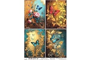 Josys Bastelmärchen Reispapier A4 Strohseide Vintage Gold Patina Blumen Schmetterling Shabby RE2183