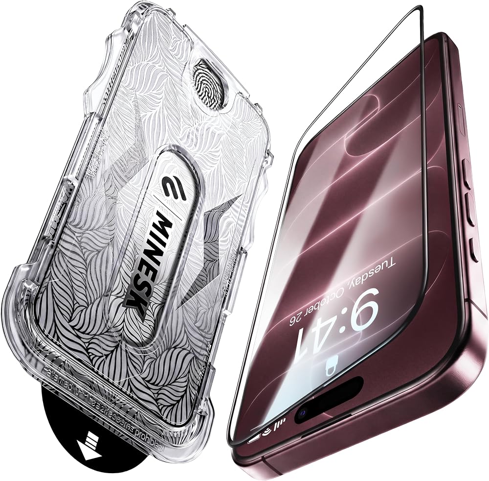 Minesk iPhone 17 Pro Max/18 Pro Max ile Uyumlu Hizalama Aparatlı Takılırken Camın Altında Kesinlikle Toz Bırakmayan Darbelere Karşı Ekstra Güçlü Ekran Koruyucu (Kolay Kurulum, 17 PRO MAX-18 PRO MAX)