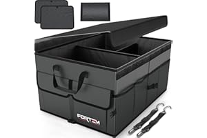 FORTEM Organizador de Maletero Coche y SUV - Organizador de Coche para Almacenamiento - Caja Plegable con 2 Compartimentos Estándar - Base Antideslizante - Cinchas Ajustables - Tapa Extraíble (Gris)