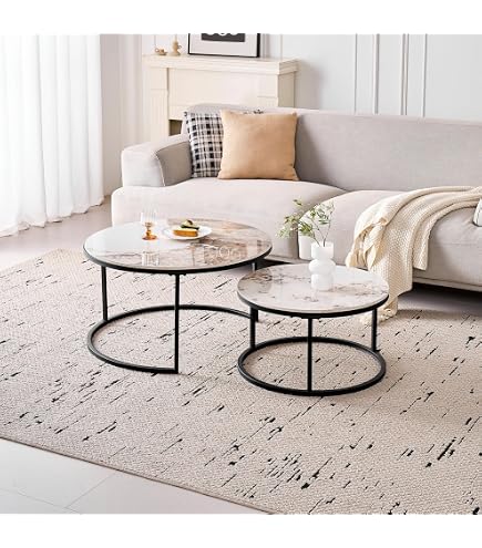 DEYARNA HOME Runden Couchtisch 2er Set, Moderne Satztische mit Keramikplatte (Keine MDF-Platte), Ideal für Wohnzimmer, Schlafzimmer, Balkon und Büro (Grau+Schwarz), 50+70cm Küche, Haushalt & Wohnen