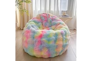 LIFEREVO Kids Fluffy Faux Rabbit Fur Bean Bag Cover (No Filler), Soft Fuzzy Stuffed Animal Storage Bubble Waffle Bean Bag for Plush Toys, Comfy Shaggy Furry Beanbag Cover Kids Girls Adults, Rainbow
