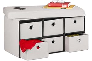 Relaxdays Panca Contenitore con 6 Cassetti, Pieghevole, Ingresso o Camera Letto, HLP: 39x76x38 cm, Porta Giochi, Beige, 70% fibra di legno, 1 pz