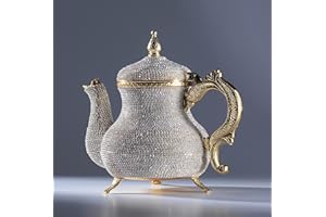 DEMMEX Handcrafted Stunning Turkish Moroccan Arabic Decorative Gold Teapot Pitcher Pot Kettle with Crystals Rhinestones, 2.6lb, 8x7