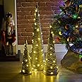 URBNLIVING 3 Pcs Light Up LED Christmas Tree Cones, Xmas Cone Pyramids with LED Fairy Light Strings for Home Decor Window Display, 40-80cm Tall, 3 x AA Batteries (Silver with Glitter)