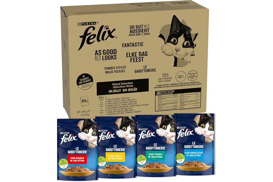 FELIX Le Ghiottonerie Alimento Umido per Gatti Selezioni Miste Maxi Confezione, 80 Bustine Facili da Servire, Teneri Bocconci