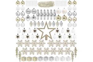 BUSYBEE 115pcs Christbaumschmuck Champagne weihnachtskugeln Set Kunststoff Bruchsicher Inklusive Tree Topper Kugeln Schneeflocken Sterne Tannenzapfen Perlen Girlanden
