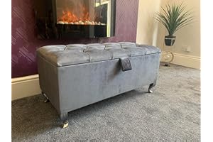 SK LUXURY LIVING Ottoman Storage Box - Engineered Wood Diamond Buttons Luxurious Plush Velvet Ottoman Storage Bench, Perfectly Designed Ottoman for Bedroom Storage (Grey Plush, Legs)