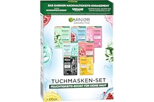 Garnier Zestaw masek chusteczkowych do każdego rodzaju skóry, 7 masek na twarz do suchej i normalnej skóry, wegańska formuła z kwasem hialuronowym, Hydra Bomb i Nutri Bomb, zestaw masek 7 x 28 g