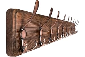 SKOLOO Wooden Coat Rack, Vintage, Sturdy Wall Coat Hooks with 10 Triple Hooks, for Hanging Clothes, Coats, Hats, Jackets, Backpacks, Hook Rack, Antique Wood on Brown
