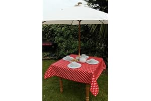 THE TABLECLOTH COMPANY 55x55" (1.4x1.4M) SQUARE PVC/VINYL TABLECLOTH - RED POLKA DOT WITH PARASOL HOLE