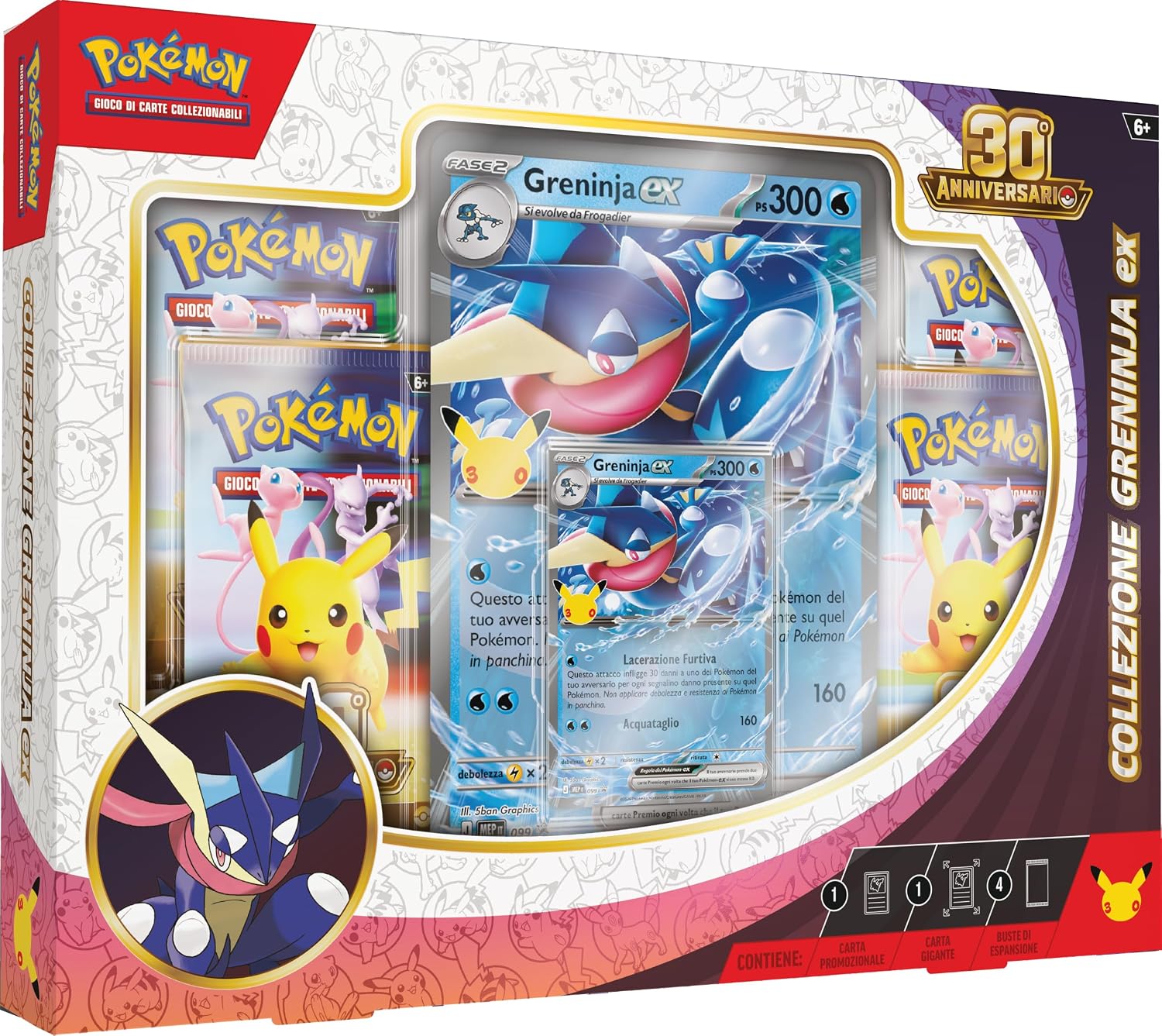 Pokémon: collezione Greninja-ex dell’espansione 30° Anniversario del GCC Pokémon (1 carta promozionale olografica, 1 carta olografica gigante e 4 buste di espansione), Edizione in Italiano