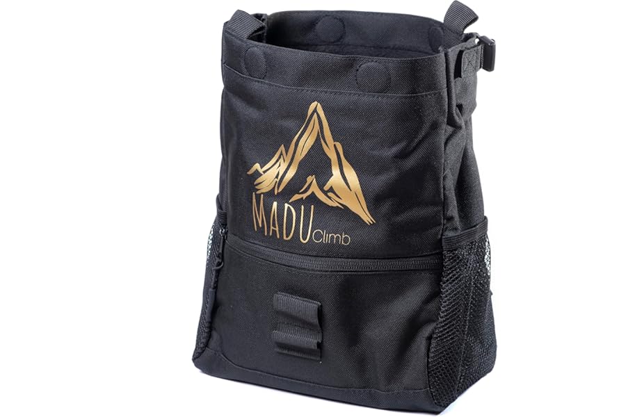 MADU CLIMB Bouldering Chalk Bag Big Bucket Large Self-Standing Chalk Bag with Magnetic Closure, Fleece Lining, Zippered Pockets & Brush Holders