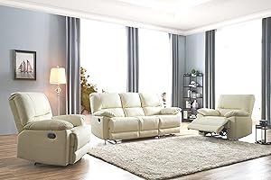 SC Furniture Ltd Cream Ivory High Grade Leather Manual Reclining 3 Seater Sofa + 2 Leather Manual Recliner Armchairs Suite OREGON (3+1+1)