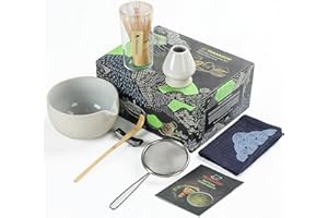 TEANAGOO Service à thé japonais (7 pièces) Bol à matcha avec bec verseur Fouet à matcha en bambou (Chasen) Pelle (Chashaku) Porte-fouet à matcha Ensemble de fouet à matcha N3 Gris clair
