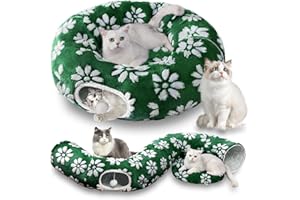 Yaning Cat Tunnel for Indoor Cats, Cute Peekaboo Cat Cave with Dangling Balls, Pet Donut Tunnel Bed with Circle Mat for Puppy Kitten Rabbit, Green Flower