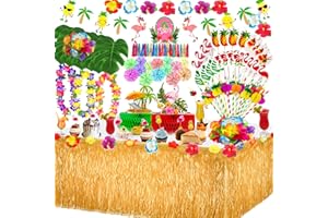MarckersHome 115 Pezzi Gonna Tavolo Hawaiana Tovaglia Set,Foglie di Palma Fiori Cake Topper,ghirlande Luau banner e Cannucce di Frutta per Il Partito Decorazioni