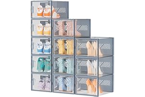 SIMPDIY Schuhboxen Stapelbar Transparent, 12er Pack Schuhkarton mit Deckel, Schuhaufbewahrung für Stöckelschuhe, Stiefeletten, Pumps, High Tops, bis Größe 46, Grau
