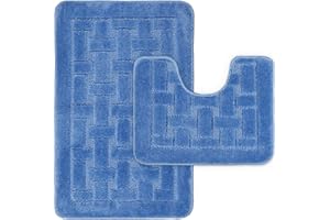 LS DECOR Luxury 2 Piece Block Bath Mat Set Non Slip Ultra Soft Bathroom Mats Water Absorbent Bath Mats Machine Washable Rug Toilet Mat for Bathroom Floor (BLUE)