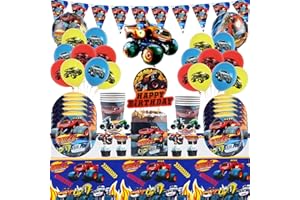 Forhome 88 PCS Monster Trucks Kindergeburtstag Deko, Monster Trucks Partyzubehör Birthday Theme Geschirr Set zum Gehören Teller Tassen Tischdecke ist wiederverwendbar, Monster Trucks Geburtstag Deko