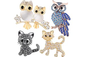 HICARER Set de 4 Pièces Pin Broche d’Animal en Strass Broche de Hibou en Strass Épingles Broches de Chat en Cristal pour Cadeau d'Anniversaire de Femmes Filles Fournitures de Fête de Mariage Noël