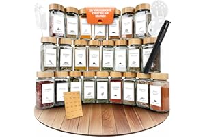 comforder Gewürzgläser Set (25 Stück), Gewürz Organizer mit Gewürzstreuer mit Etiketten + Trichter, Gewürzdosen eckig mit Deckel, 120ml (Bambus)