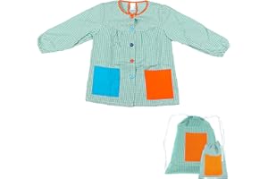 H HANSEL HOME Bata Escolar Infantil Baby Infantil de Cuadros Pequeños (Verde, 6-7 años) + Bolsa y Mochila Escolar para Llevar Fiambreras