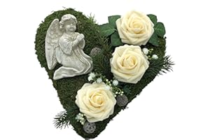 ‎RADAMI Grabgesteck Grabschmuck Grabaufleger Moosherz Grabherz Trauerherz Grab Herz Gesteck Rosen mit Engel (Rosen Creme)