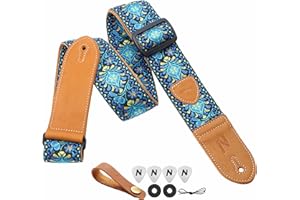 Nefelibata Gitarrengurt,2 "Doppelte Lederenden,Vintage Woven W/FREE BONUS-4 Picks+Strap Locks+Strap Button,Bestes Geschenk für Bass,Elektro&Akustik Gitarren für Gitarre(Vintage blau gelb Stickerei)