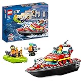 LEGO 60373 City Brandräddningsbåt Byggsats med Båtleksak, Innehålller 3 Minifigurer, Brandmansleksak för Barn över 6 år, Pres