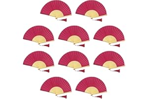 FANSOF.FANS Paquete de 10 abanicos de Mano de Tela con Borla, Varillas de bambú de Grado A, Recuerdos de Fiesta y Boda (Rosa Oscuro)