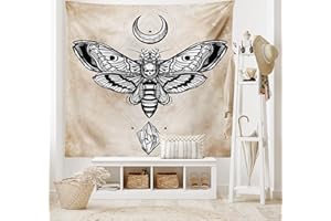 ABAKUHAUS Fantasie Wandteppich, Falke-Motte Schädel Magie aus Weiches Mikrofaser Stoff Waschbar ohne Verblassen Digitaldruck, 150 x 110 cm, Schwarz Creme