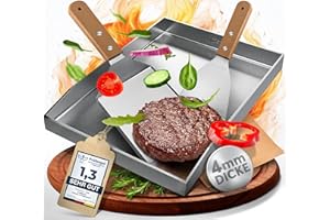 flammtal - Grillplatte aus 4mm rostfreiem Edelstahl [40 x 30cm] - Plancha mit Grillspachtel Set & Burgerpapier - passend für Gas- & Kohlegrill - auslaufsichere Ecken für sauberes Grillen