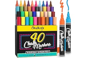‎CHALKOLA Chalkola 40 Kreidestifte für Tafel Abwaschbar - Kreidemarker & Metallic Stifte 6mm Umkehrbare Spitze | Kreide Stift für Fenster, Tafel & als Glasstift. Chalk markers für Erwachsene & Kinder