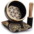 Ajuny bol chantant bouddhiste tibetain - fleur de vie - son de meditation OM noir - 4 pouces de diametre pour la relaxation et les accessoires de meditation - baton et coussin inclus