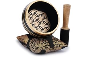 Ajuny Tibetan Singing Bowl Set Handmade Brass Sound Bowl with Mallet & Cushion Flower of Life Design Meditation Yoga Mindfulness & Chakra Healing Therapy Stress Relief Gift (Gold/Black, 4 In)