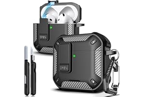 R-fun Hülle für AirPods 4, Elemente aus Karbonfaser, militärische Fallschutz-Abdeckung mit automatischem Aufklappen, Telefonständer/magnetischer Basis mit Karabinerhaken/Reinigungsset,Schwarz