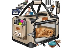 LOVPET® Caja de Transporte para Perro y Gato, Bolsa de Transporte, Bolsa Plegable para Perro y Gato, Incl. Comedero para Perro y Bandolera, M - 60x42x42cm - Beige