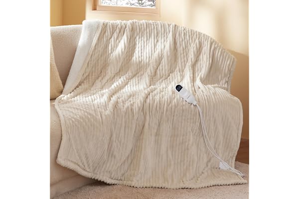 Bedsure Couverture chauffante 130x180 cm, arrêt Automatique, 6 Niveaux de Chaleur, minuterie 10h, Protection surchauffe 8h, Douce électrique pour Maison & Bureau, écru rayé