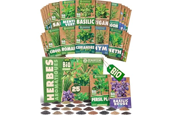 ZenGreens® - Kit de graines de herbes aromatiques bio - 25 variétés pour une culture facile dans le jardin, sur le balcon ou dans une jardinière surélevée - Semences légumes