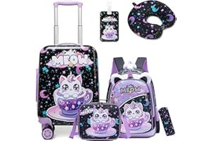 HTgroce 5pcs Valise Cabine con Mochila Rigide ABS 4 Roues Bagage Maleta Infantil Gato