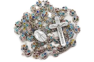 Nazareth Store Kolorowe kryształowe koraliki różaniec katolicki naszyjnik cudowny medalik wielokolorowy - aksamitna torba