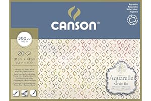 Canson Aquarelle, Papel de acuarela, Prensado en frío, 300gsm, Bloc pegado a 4 lados, 31x41cm, Blanco natural, 20 Hojas