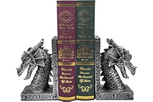 MERVKIS Book Ends for Shelves to Hold Books Heavy Duty,Decorative Bookend for Bookshelf Décor, Animal Dragon Book Stopper Dragon Statues for Home, Office Desk, Living Room Decoration,Vintage Silver,1pair