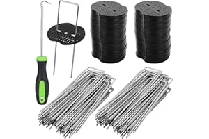 DUBUOZA 100 pcs Picchetti per Telo Pacciamatura con 100 Rondelle e Ganci Antiruggine Picchetti da Giardino 150x4mm Ø 2.5mm Per Prati,Giardini,Tubature (201, nero + argento)