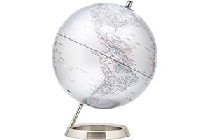 Exerz 25cm Globe Argent Métallique - en Anglais - Décoration de bureau Éducationnel/géographique/moderne - avec base en métal - Diamètre: 25cm