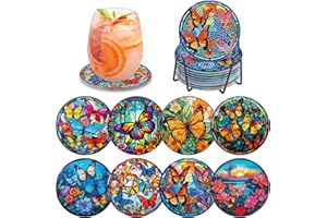 MOGTAA Peinture Diamant Dessous de Verre, 8PCS Kit Diamond Painting Papillon, DIY Paysage sous-Verres Art de Diamant avec Support, Kits de Peinture Diamant pour Adulte Enfants