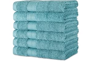 Amazon Basics Towel Set, Fade Resistant 100% Organic Cotton, soft and absorbent Hand Towels for Bathroom, 41 x 66 cm, Teal, 6-Pack