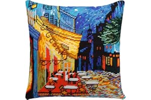 ‎BRVSK Brvsk Terrasse Cafés bei Nacht. Gestempeltes Kreuzstich Kissen mit bedruckter Gobelin (40 × 40 cm) Kissenset mit gestempeltem Kreuzstich für kreative Inneneinrichtung Handarbeitsset für