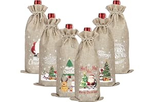 PRIKSIA Burlap Wine Bags, 6 Pack Christmas Bottle Covers with Drawstring for Xmas Holiday Party Table Decoration